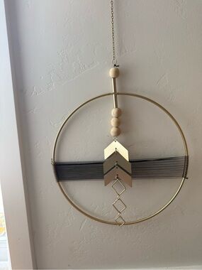 Gold Metal Hoop Wall Hanging with Wood Beads and Chevron Accents